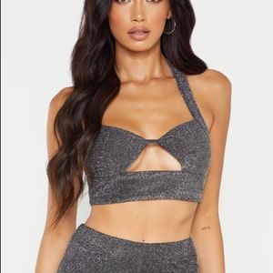 PrettyLittleThings Silver Glitter Halterneck Top